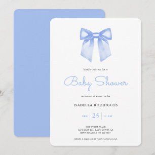 Blue Watercolor Bow Baby Boy Shower Invitation