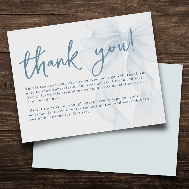 Blue Watercolor Bow Baby Shower Flat Thank You Card (Creator Uploaded)