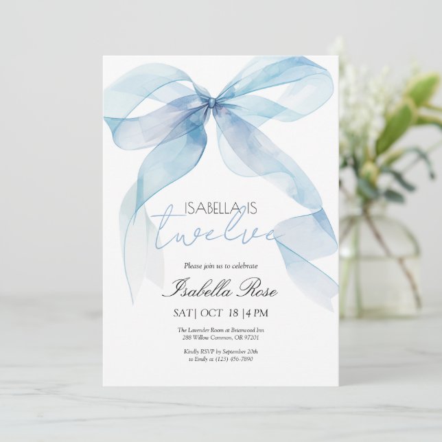 Blue Watercolor Bow Birthday Invitation  (Standing Front)