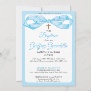 Blue Watercolor Bow & Cross Baptism Christening Invitation