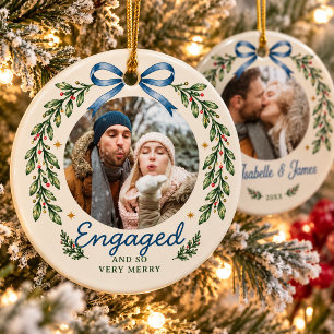 Blue Watercolor Bow Engagement Garland  2 Photo Ceramic Tree Decoration