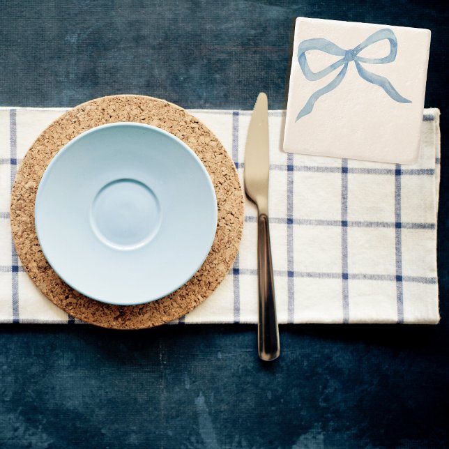 Blue Watercolor Bow Grandmillenial Preppy Coaster (Adorable preppy coaster on display with place setting- would be cute for a blue wedding! )