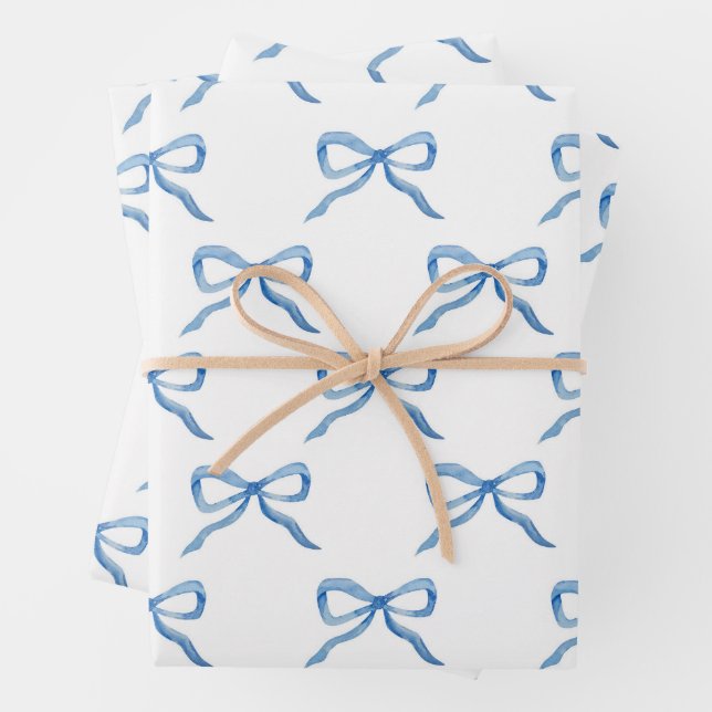 Blue Watercolor Bow Pattern Wrapping Paper Sheet (In situ)