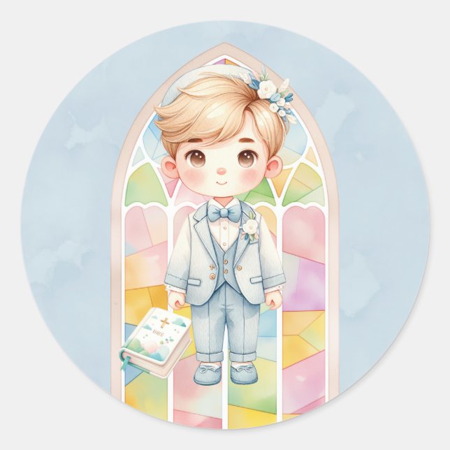 Blue Watercolor Boy 1st. Communion  Classic Round Sticker (Front)