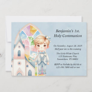 Blue Watercolor Boy 1st. Communion  Invitation