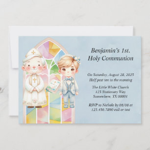 Blue Watercolor Boy 1st. Communion Invitation