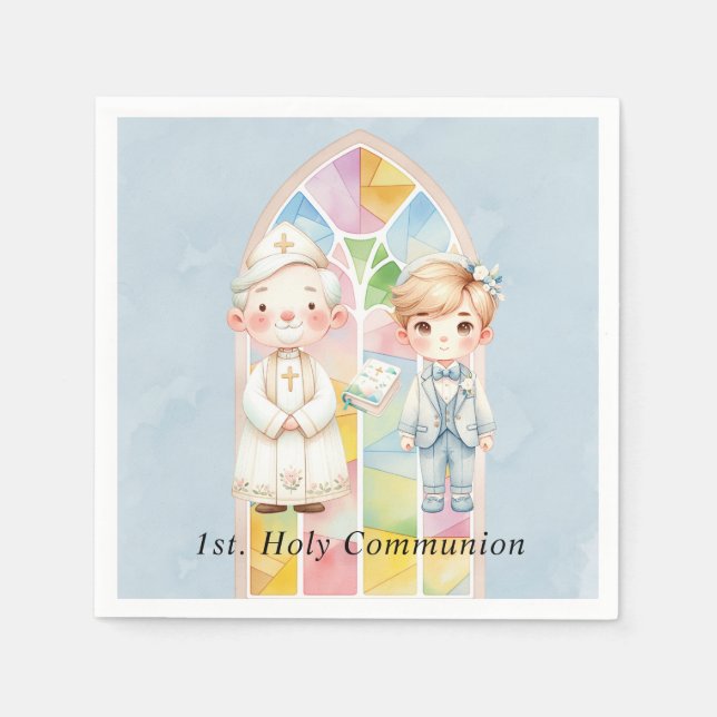 Blue Watercolor Boy 1st. Communion  Napkin (Front)
