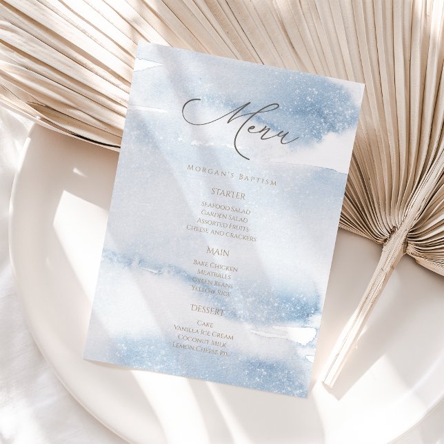 Blue Watercolor Boy Baptism Menu Card (Blue Watercolor Boy Baptism Menu Card)