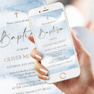 Blue Watercolor Boy Baptism Mobile Invite