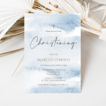 Blue Watercolor Boy Christening Invitation Card