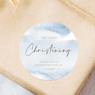Blue Watercolor Boy Christening Round Sticker