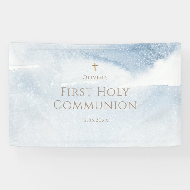 Blue Watercolor Boy First Communion Banner (Horizontal)