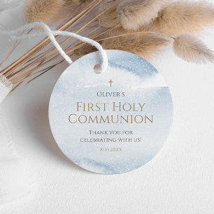 Blue Watercolor Boy First Communion Favour Tag