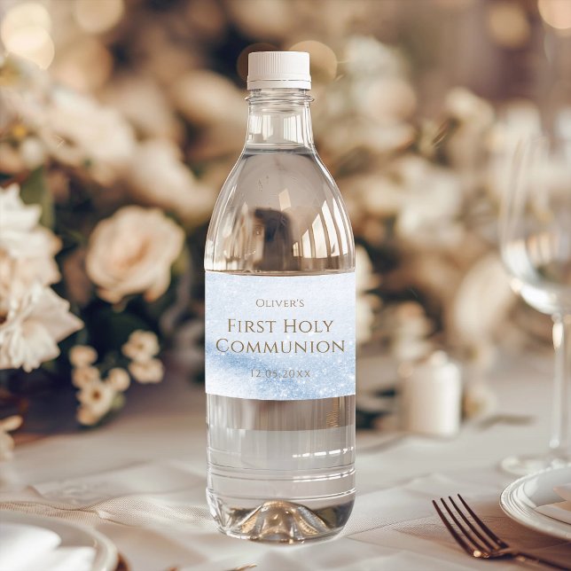 Blue Watercolor Boy First Communion Water Bottle Label (Blue Watercolor Boy First Communion Water Bottle Label)