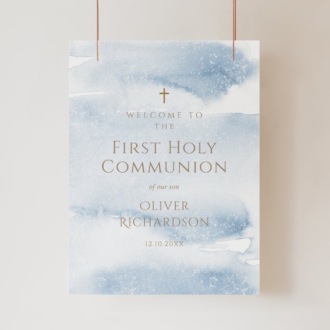 Blue Watercolor Boy First Communion Welcome Poster (Blue Watercolor Boy First Communion Welcome Poster)