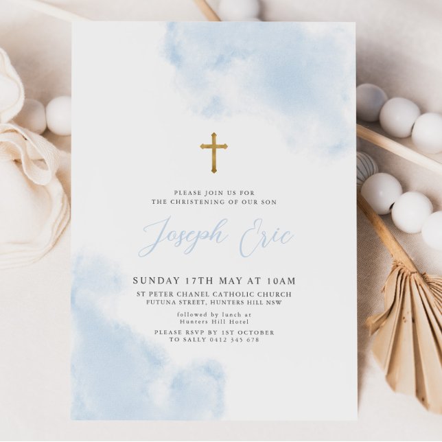 Blue Watercolor Boy Gold Cross Christening Baptism Invitation (Blue Watercolour Gold Cross Baptism Invitation)
