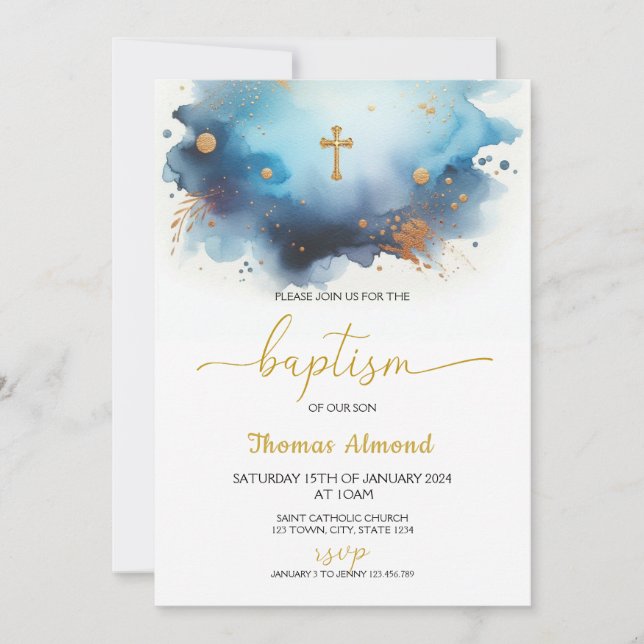 Blue Watercolor Boys Gold Baptism Invitation (Front)