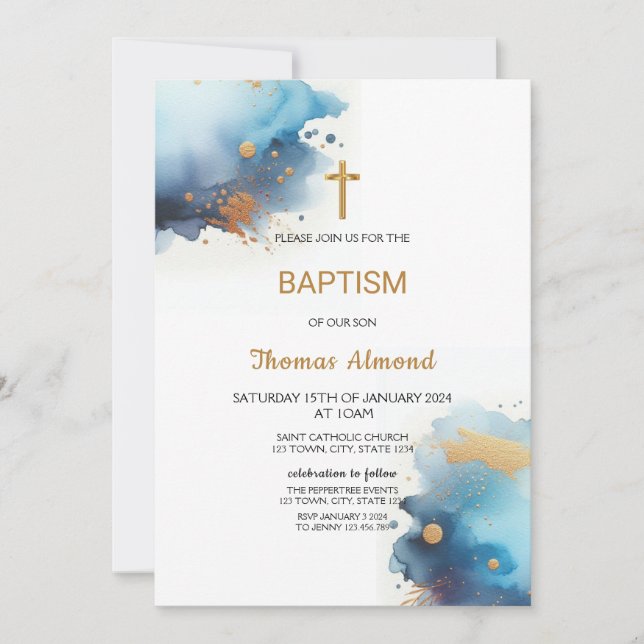 Blue Watercolor Boys Gold Baptism Invitation (Front)