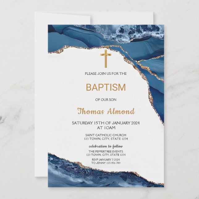Blue Watercolor Boys Gold Baptism Invitation (Front)