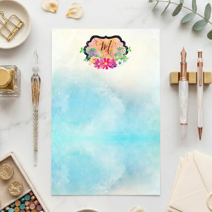 Blue Watercolor Bright Floral Crest Monogram Stationery