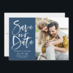 Blue Watercolor Brush Calligraphy Photo Save The Date<br><div class="desc">Blue Watercolor Brush Calligraphy Photo Save Our Date Card | Announce to family and friends your wedding date with this customisable save the date flat card. It features hand-lettered modern calligraphy on navy blue background. This stylish photo save the date card is perfect for any wedding season and theme. Other...</div>
