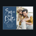 Blue Watercolor Brush Calligraphy Save Our Date Announcement Postcard<br><div class="desc">Blue Watercolor Brush Calligraphy Photo Save Our Date Postcard | Announce to family and friends your wedding date with this customisable save the date postcard. It features hand-lettered modern calligraphy in blue background. This stylish photo save the date card is perfect for any wedding season and theme. Other colours and...</div>