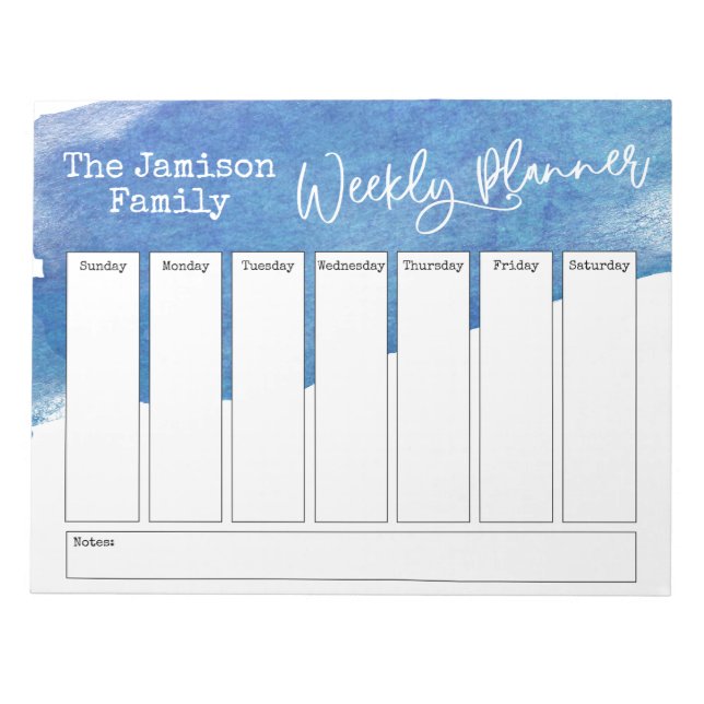 Blue Watercolor Brushstroke Weekly Planner Notepad (Front)