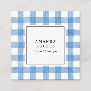 BLUE Watercolor Buffalo Plaid QR CODE modern  Square Business Card