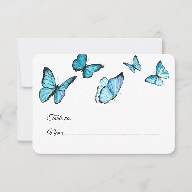 Blue watercolor butterfli Wedding Table Place Card (Front)