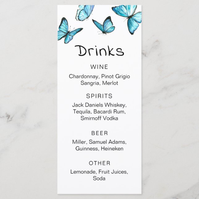 Blue watercolor butterflies. Stylish wedding Bar M Menu (Front)