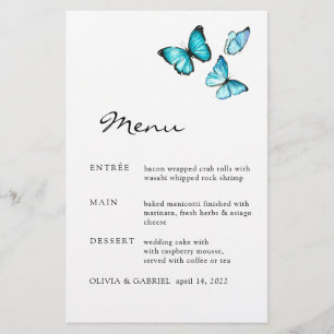 Blue watercolor butterflies. Stylish wedding menu