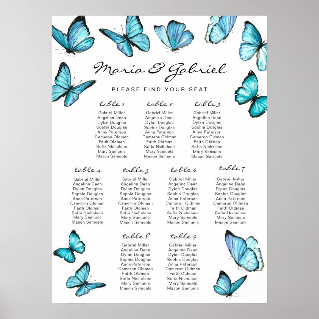 Blue watercolor butterflies Wedding  Seating Chart (Front)