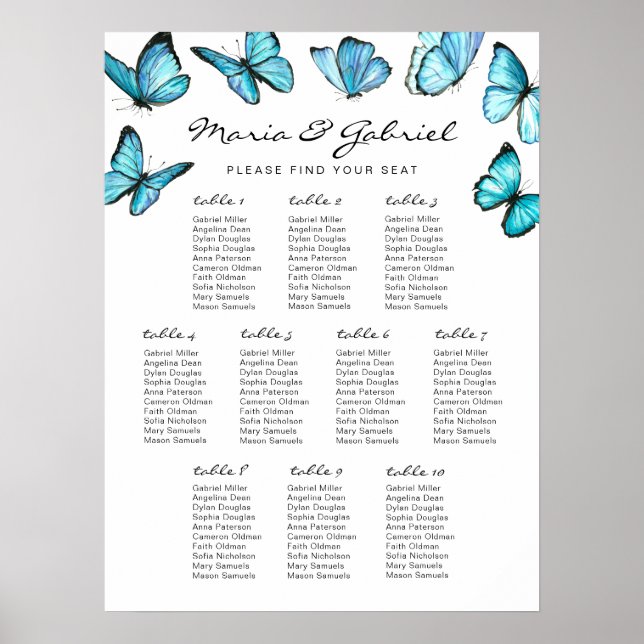 Blue watercolor butterflies Wedding  Seating Chart (Front)