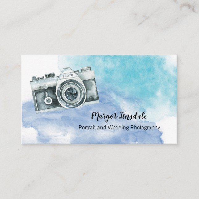 Blue Watercolor Camera Photography Business Card (Front)