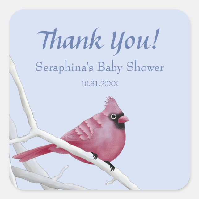 Blue Watercolor Cardinal Baby Shower Thank You Square Sticker (Front)