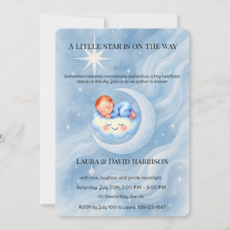 Blue Watercolor Celestial Baby Shower Little Star Invitation
