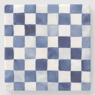 Blue Watercolor Chequered Decorative Stone Coaster