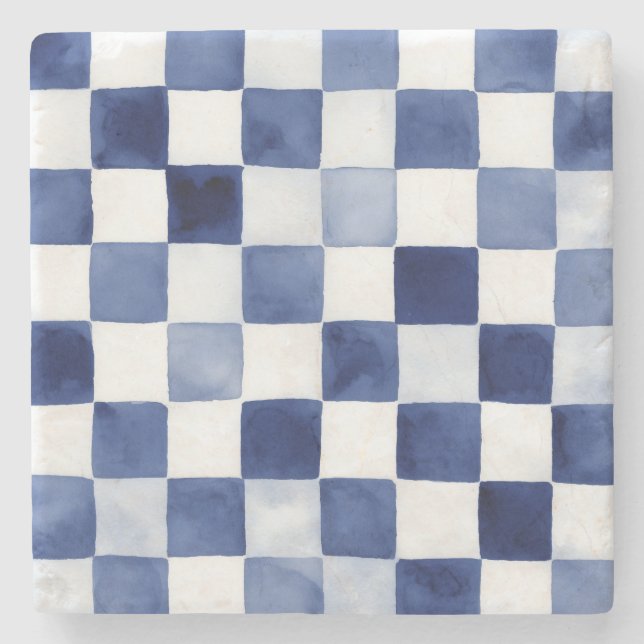 Blue Watercolor Chequered Decorative Stone Coaster (Front)