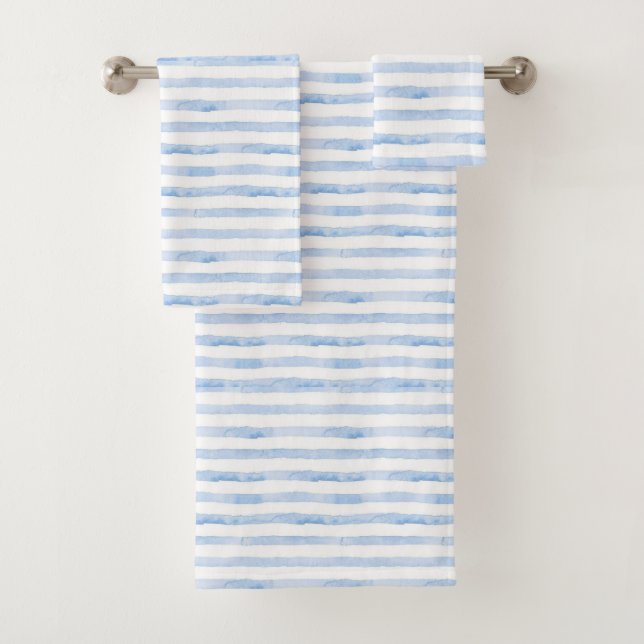 Blue Watercolor Chic Stripes Bath Towel Set (Insitu)