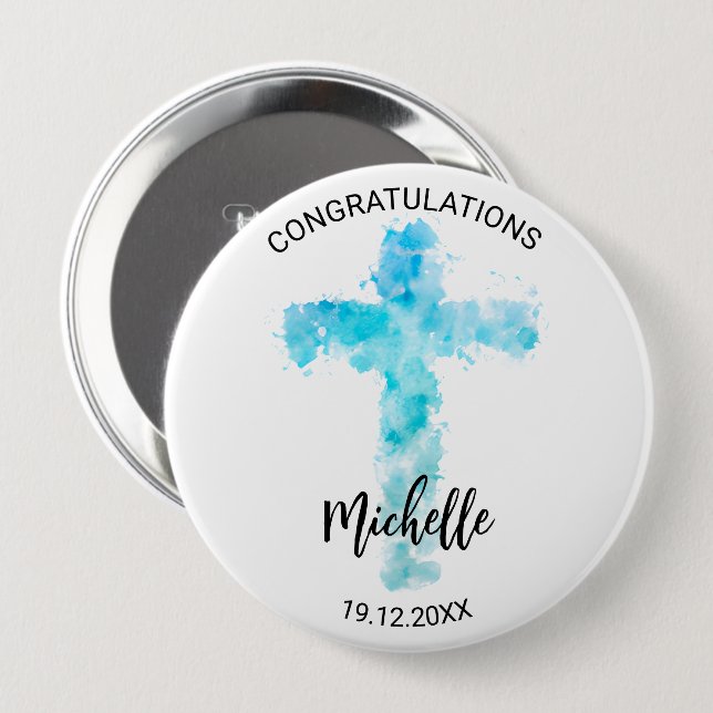 Blue Watercolor Christian Cross Baptism 10 Cm Round Badge (Front & Back)
