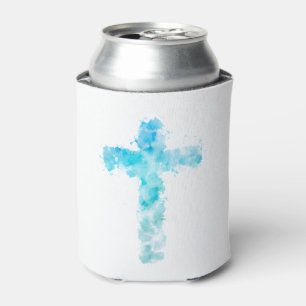 Blue Watercolor Christian Cross Baptism Can Cooler
