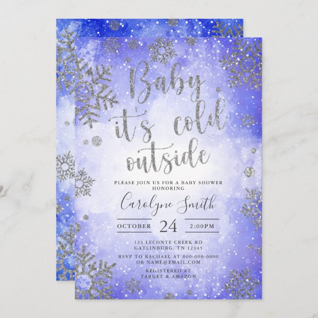 Blue Watercolor Christmas Baby shower invitation (Front/Back)