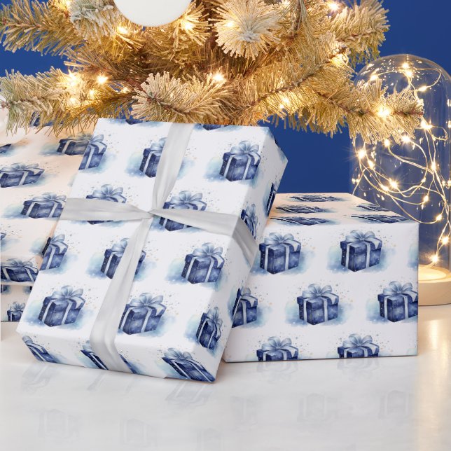 Blue Watercolor Christmas Gift  Wrapping Paper (Holidays)