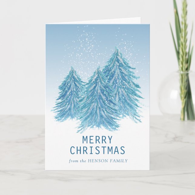 Blue Watercolor Christmas Tree Artistic   Holiday  Card (Front)