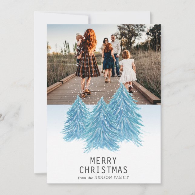 Blue Watercolor Christmas Tree Artistic Photo   Holiday Card (Front)