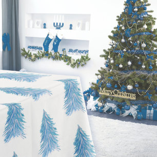 Blue Watercolor Christmas Tree Artistic  Tablecloth