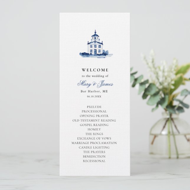 Blue Watercolor Church Wedding Flat Program Programme (Standing Front)