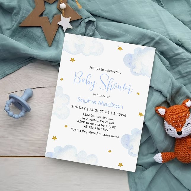 Blue Watercolor Clouds Baby Boy Shower Invitation (Creator Uploaded)