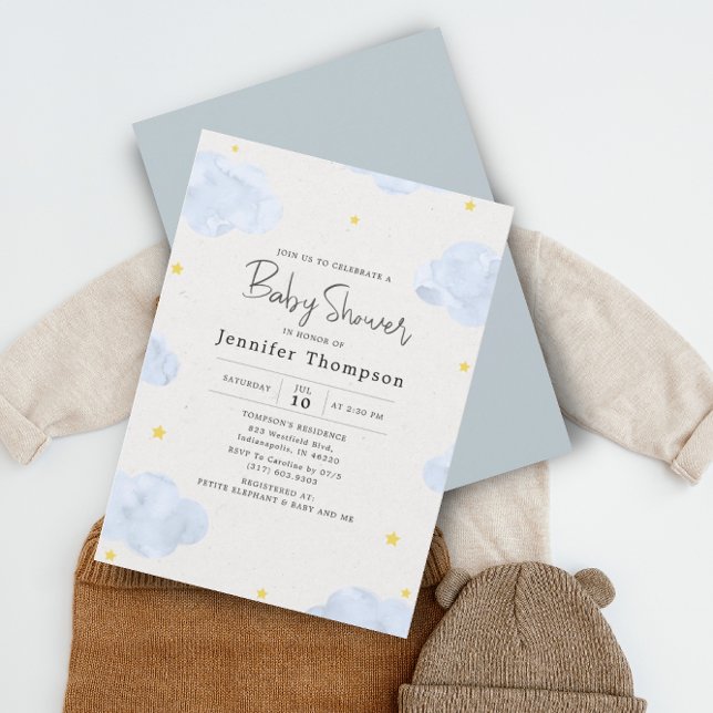 Blue Watercolor Clouds Boy Baby Shower Invitation (Creator Uploaded)