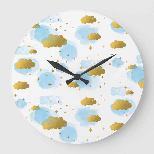 Blue Watercolor Clouds Gold Stars Sky Large Clock (Front)